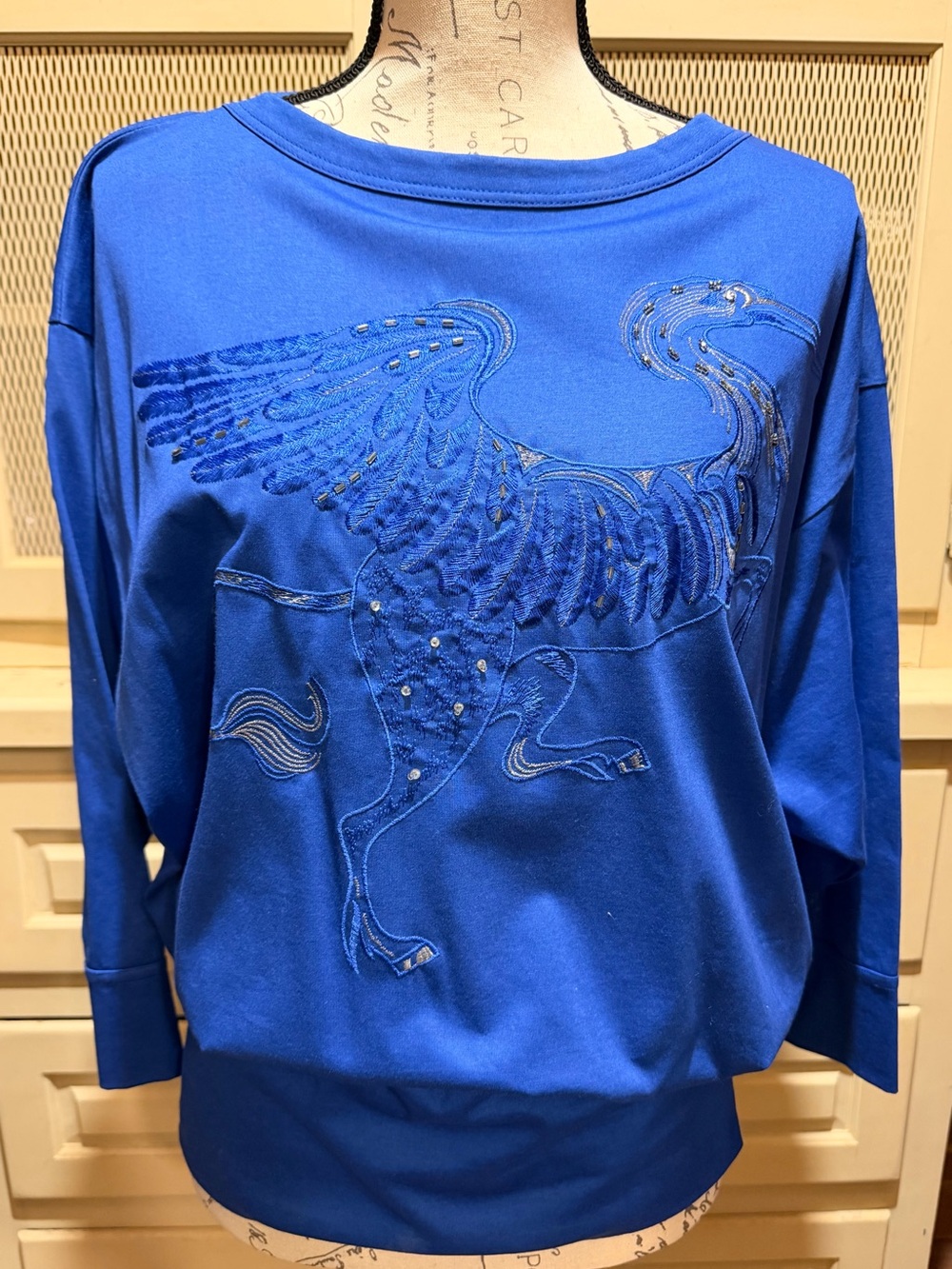 Vintage 80s Escada Margaretha Ley Blue Embroidered Heron Top